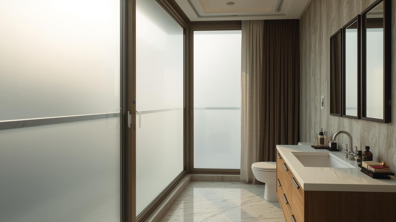 Residential bathroom glass with frosted privacy window film in Hyderabad