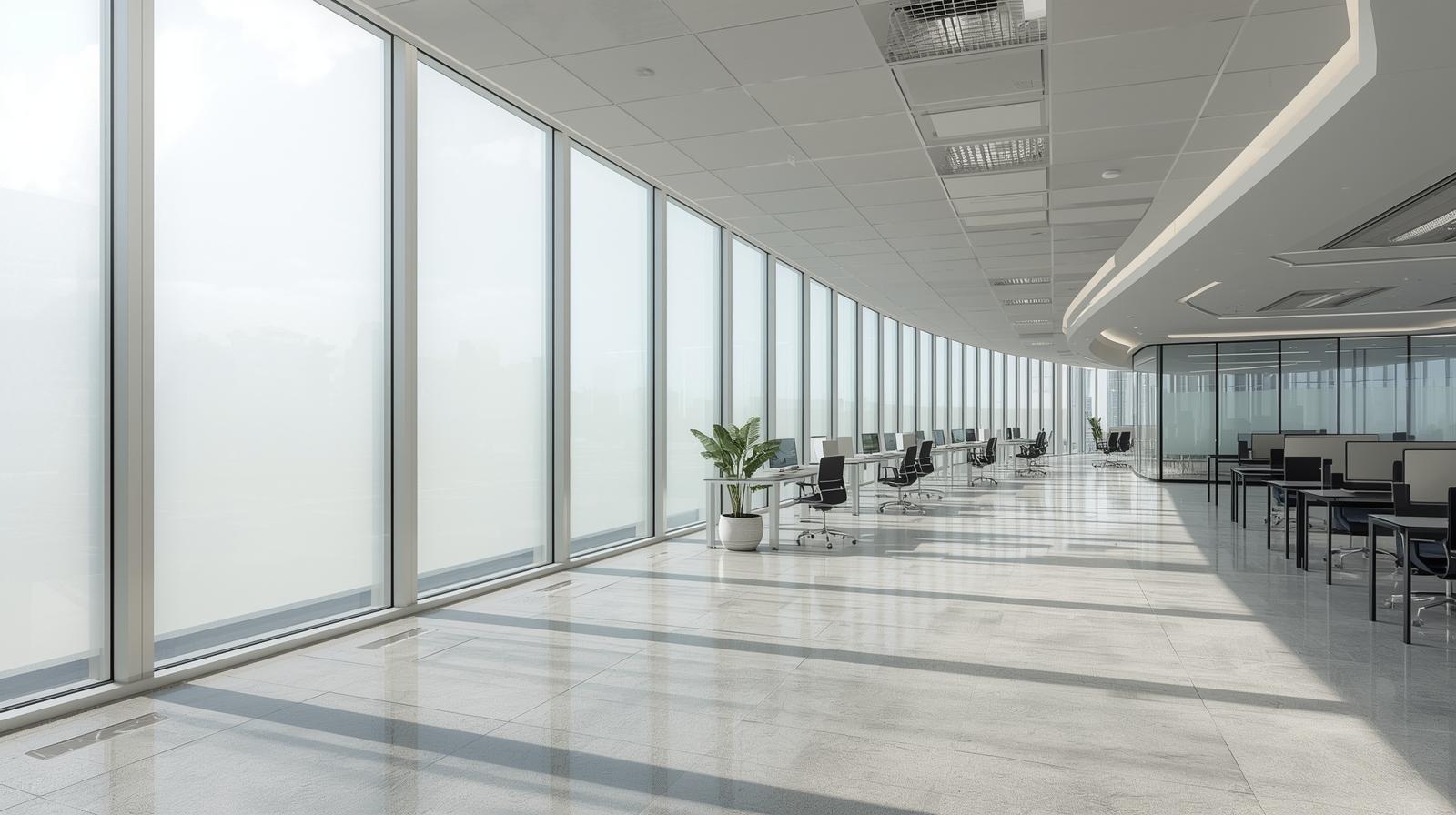 Bright office interior with CIR 50 heat controlled glass