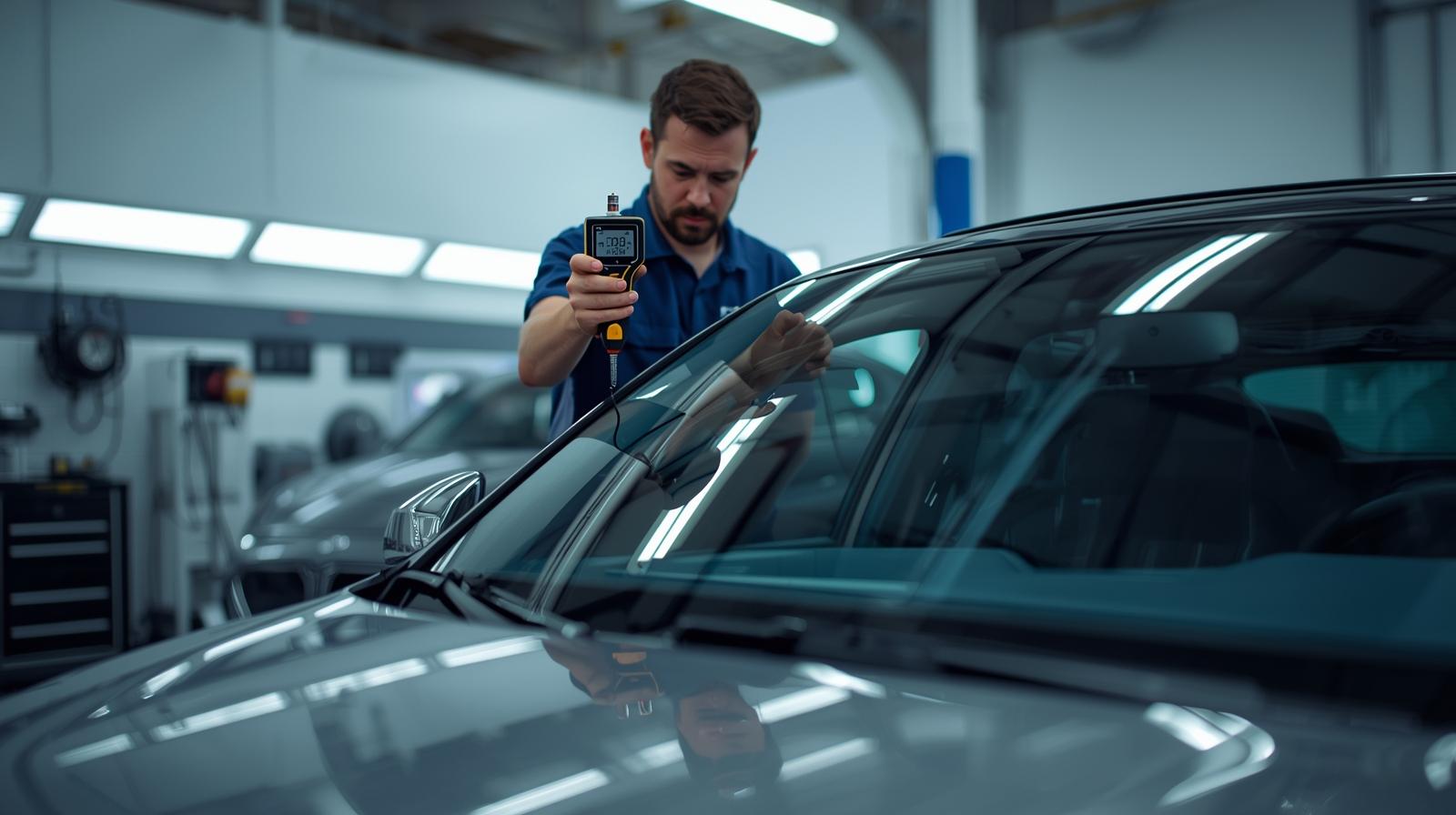 Technician checking VLT compliance on car glass
