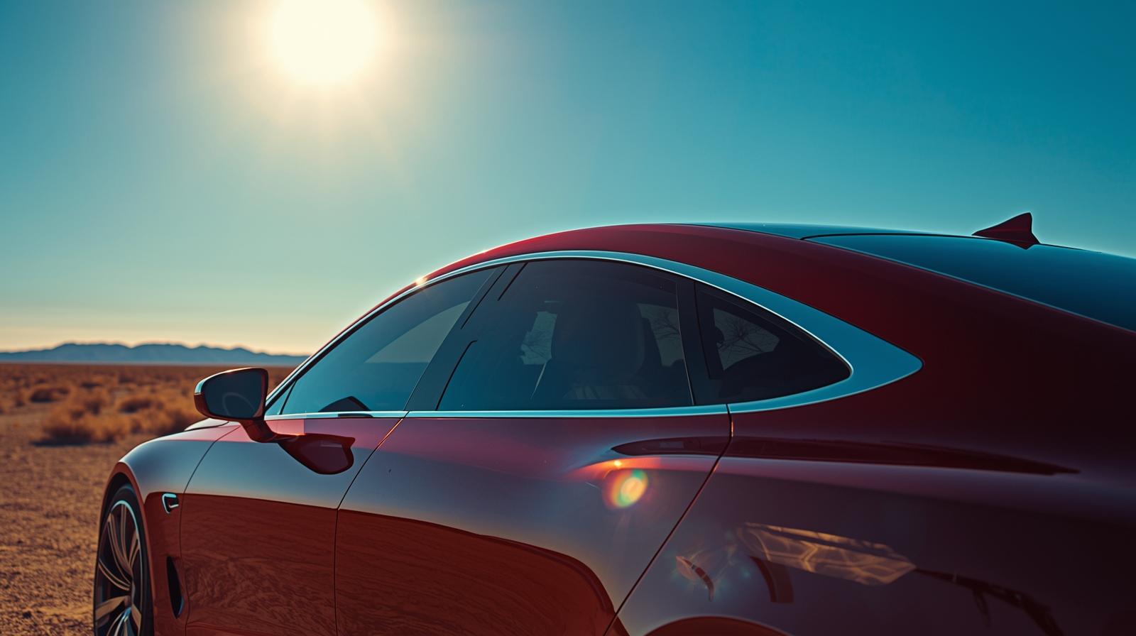 Heat rejection film on car windows under strong summer sunlight