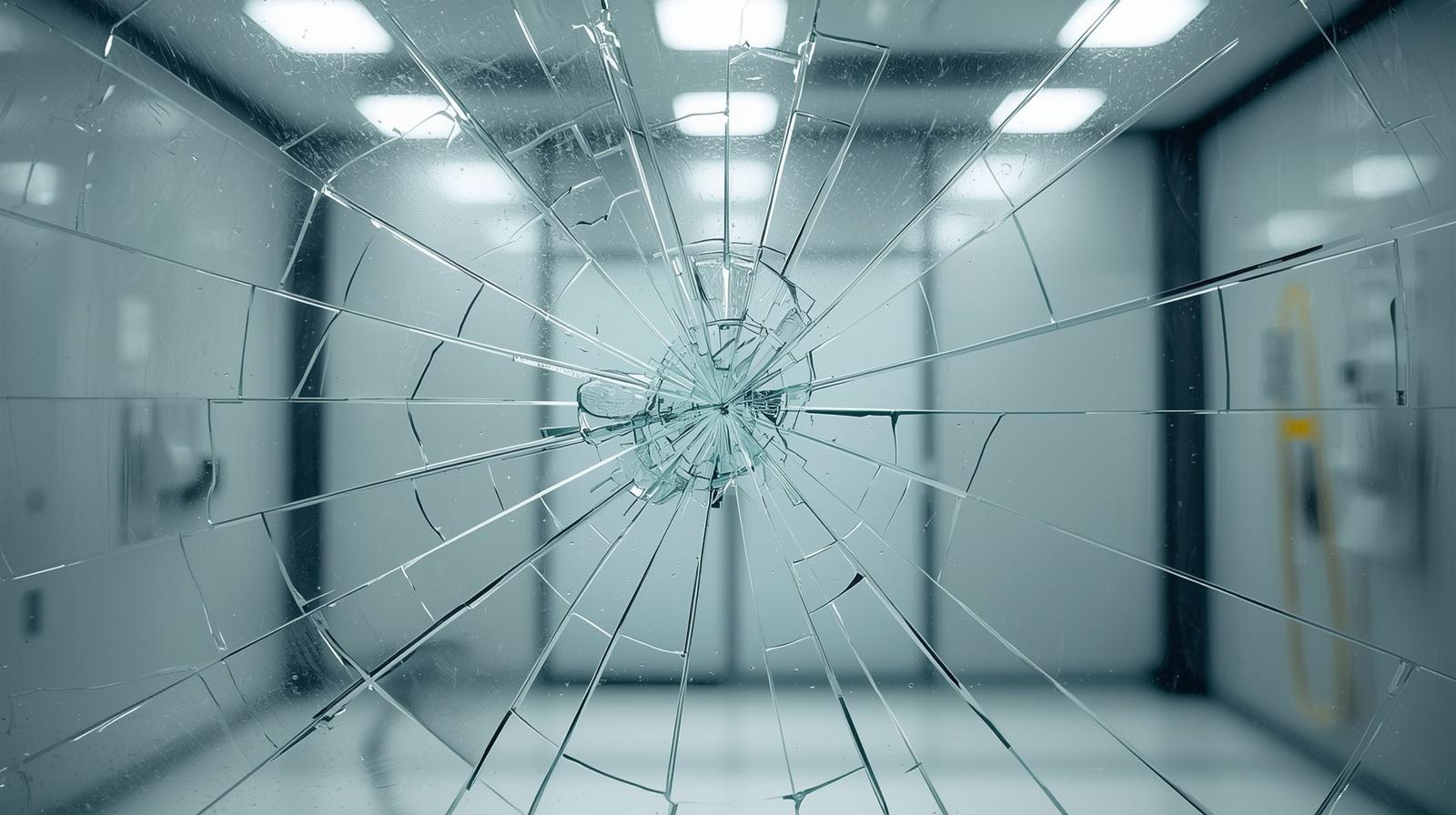Safety window film demonstration holding shattered glass fragments together