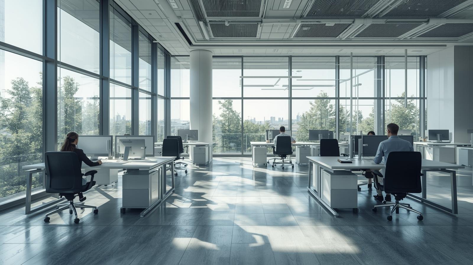 Energy-saving window film on commercial building reducing solar heat