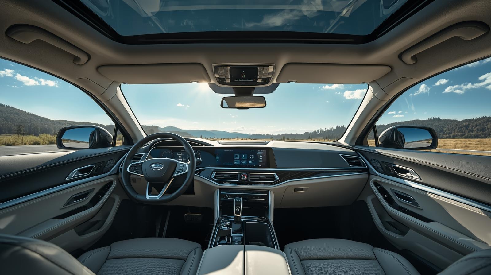 Cool car interior cabin with heat rejection film during bright sunlight