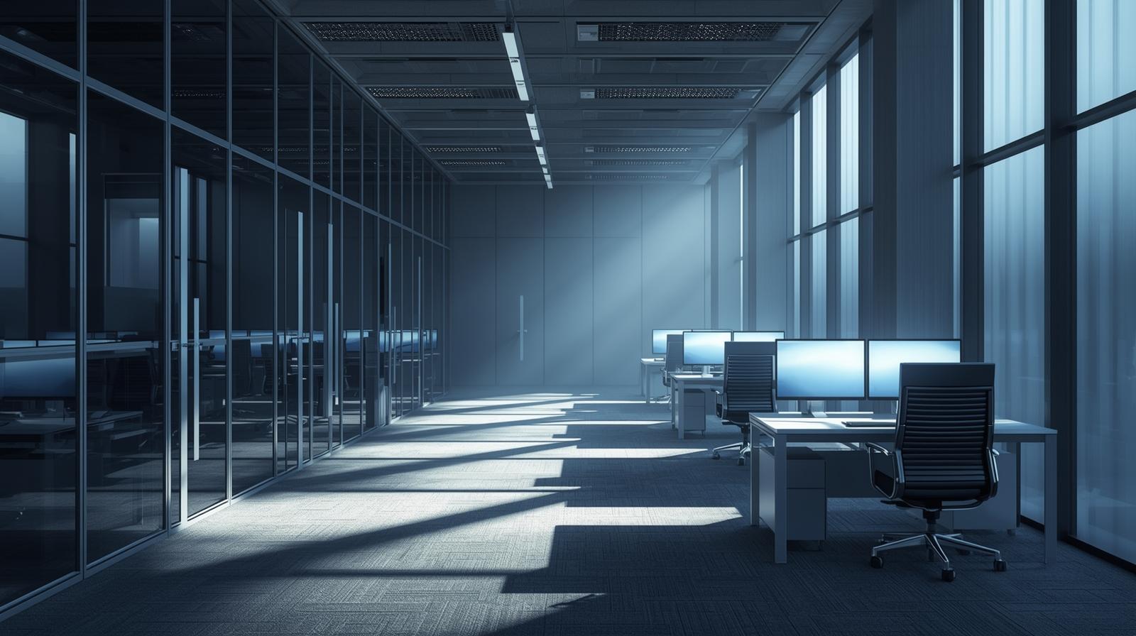 Cool office interior behind dark reflective commercial film