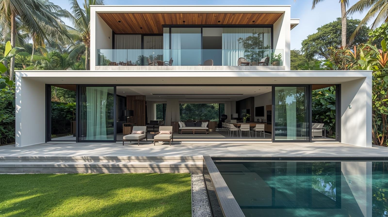 Modern luxury villa with large glass windows for heat and UV protection window films