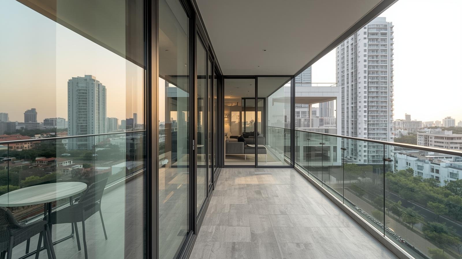 Apartment balcony with reflective window film for daytime privacy in Bangalore