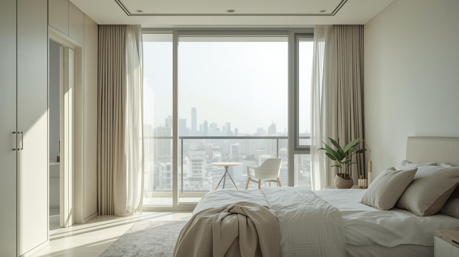 Modern Bangalore apartment bedroom with large glass window for heat and UV protection window films