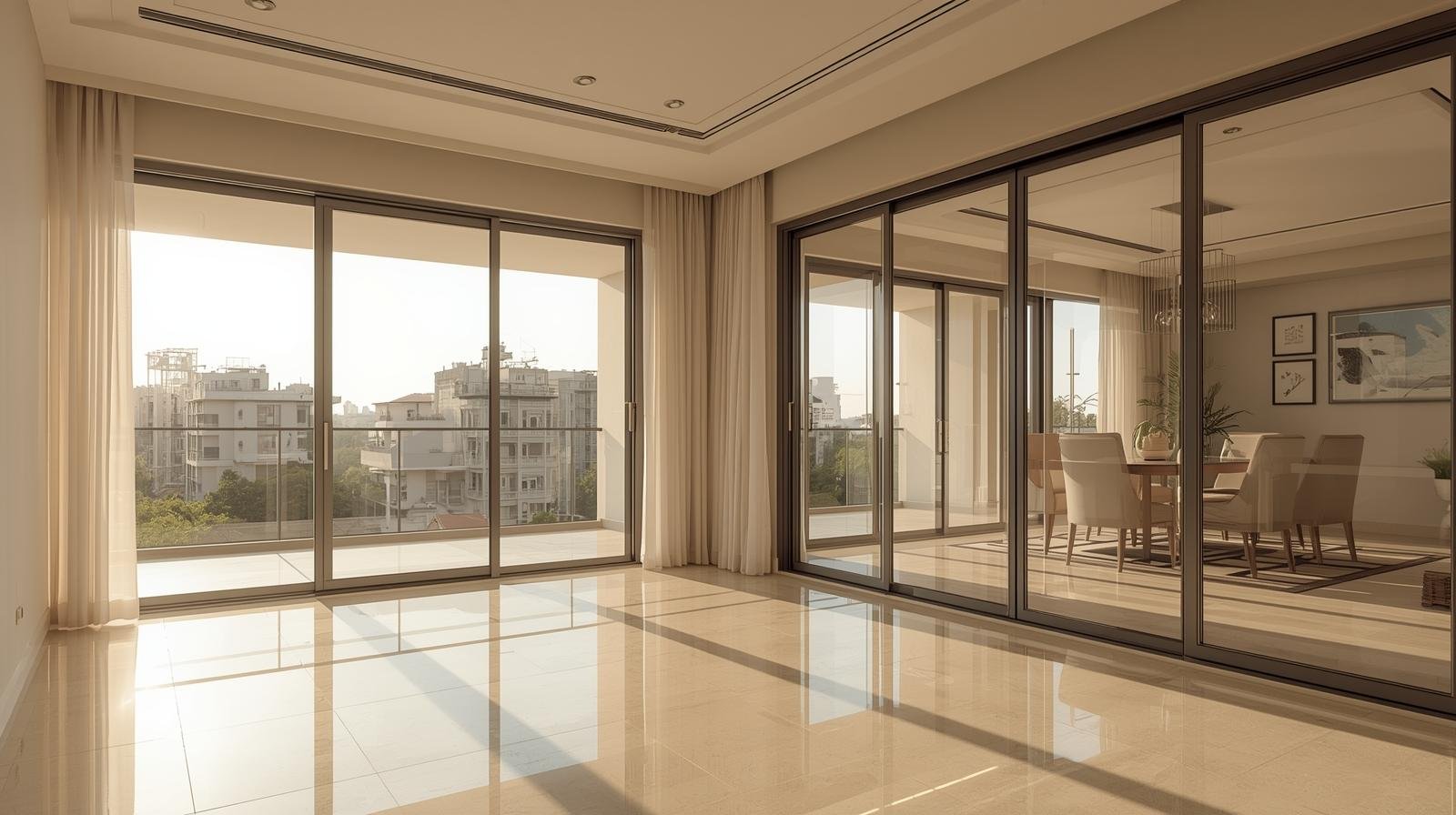 Modern Bangalore apartment or villa interior with large glass windows and balcony doors for glass protection film