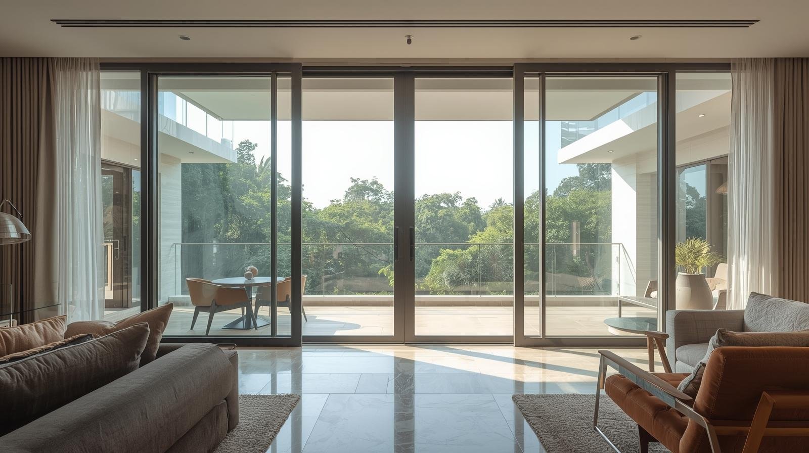 Apartment or villa interior with large glass windows in Bangalore for safety window film