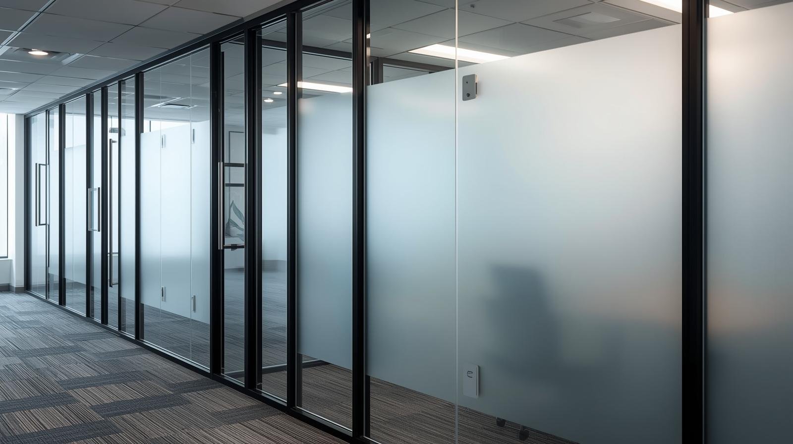 Frosted window film on office glass cabins and partitions in Bangalore