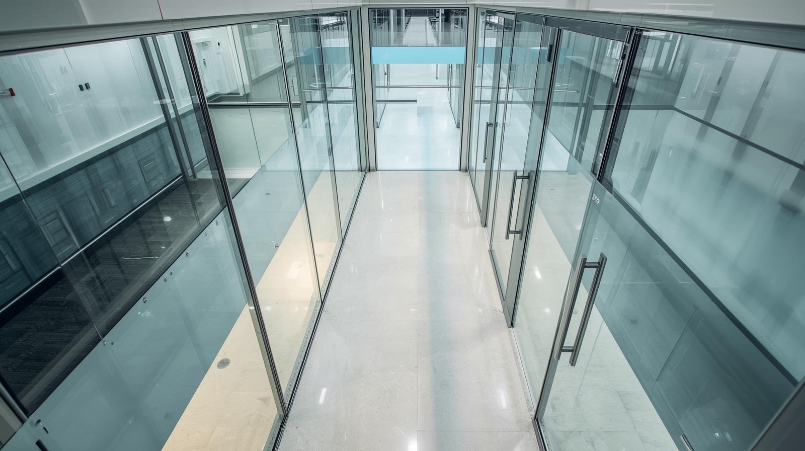 Modern Bangalore office interior with large glass partitions and doors for glass protection film