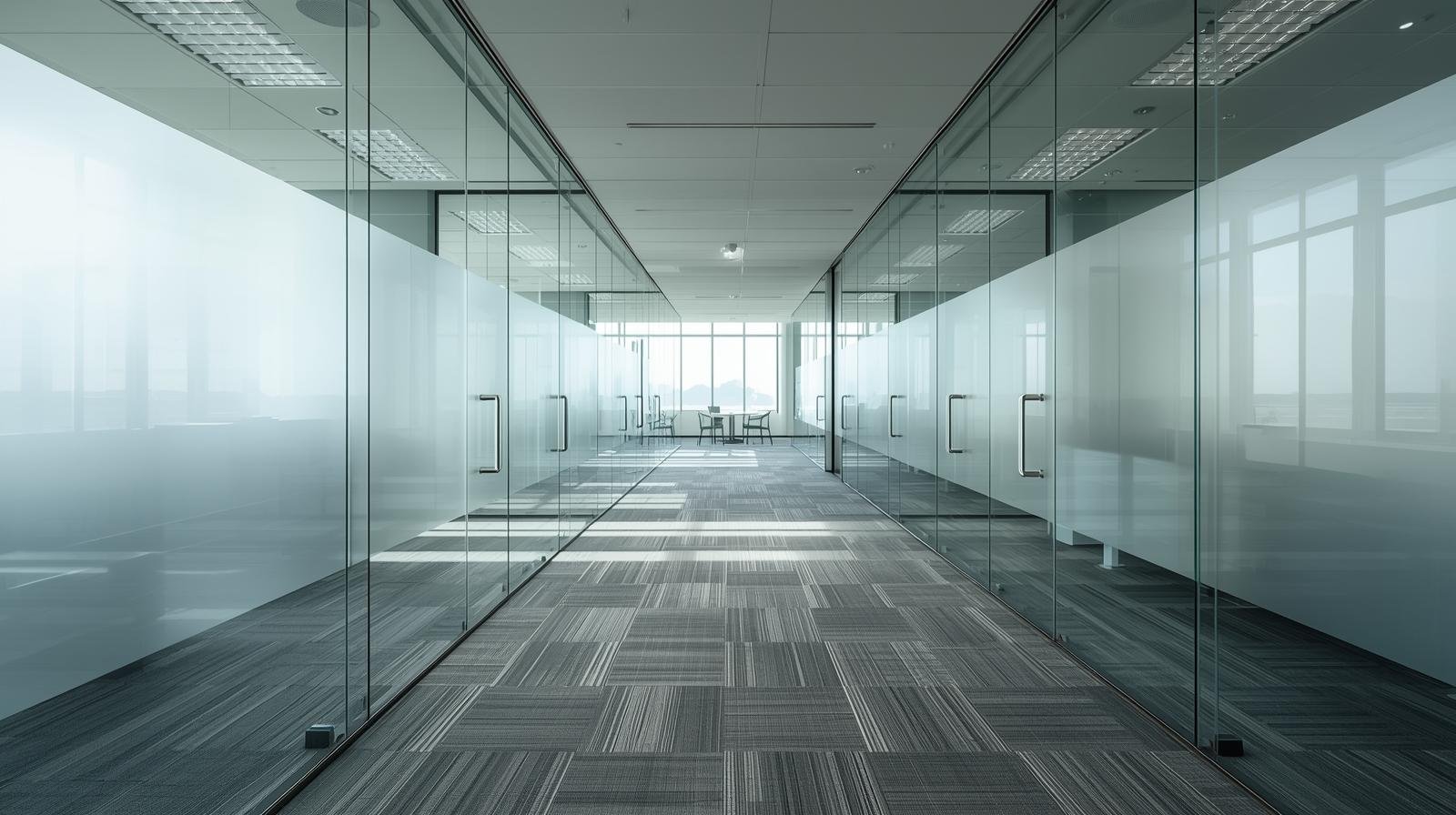 Office or public building interior with large glass partitions in Bangalore for safety window film