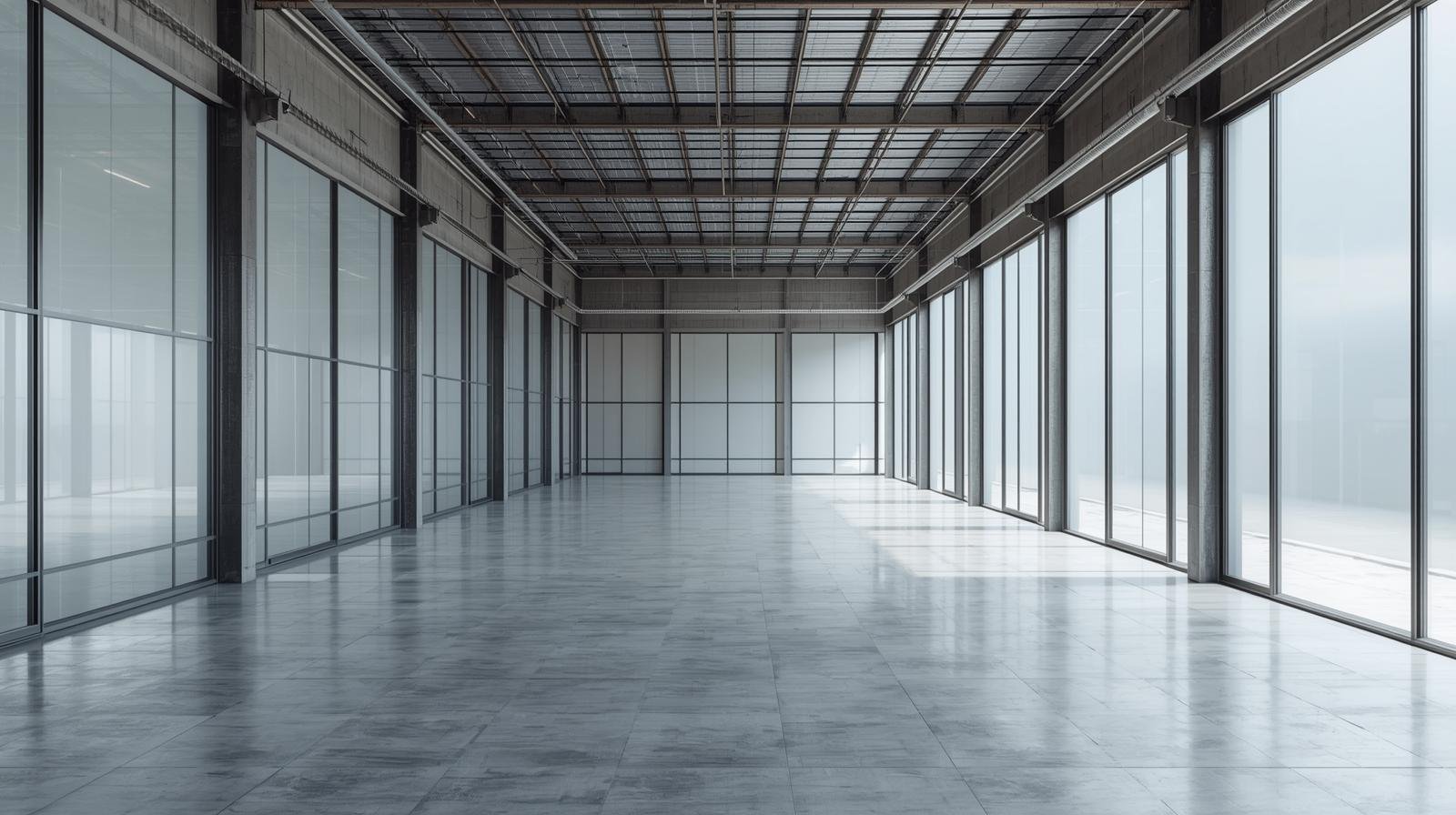 Modern Bangalore warehouse or factory interior with glass panels for industrial glass films