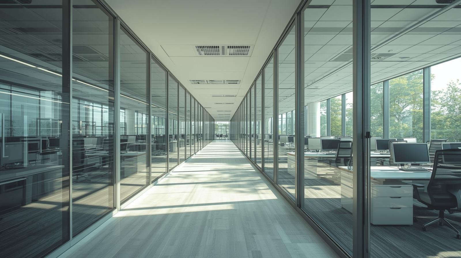 Modern IT office interior in Chennai or Coimbatore with large glass windows using energy saving window film