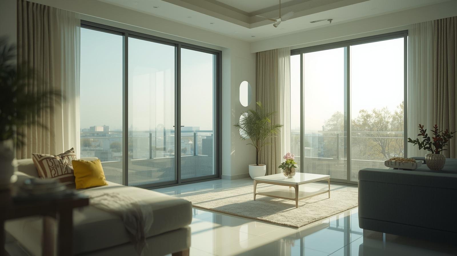Modern South Indian apartment living room with large glass windows using energy saving window film