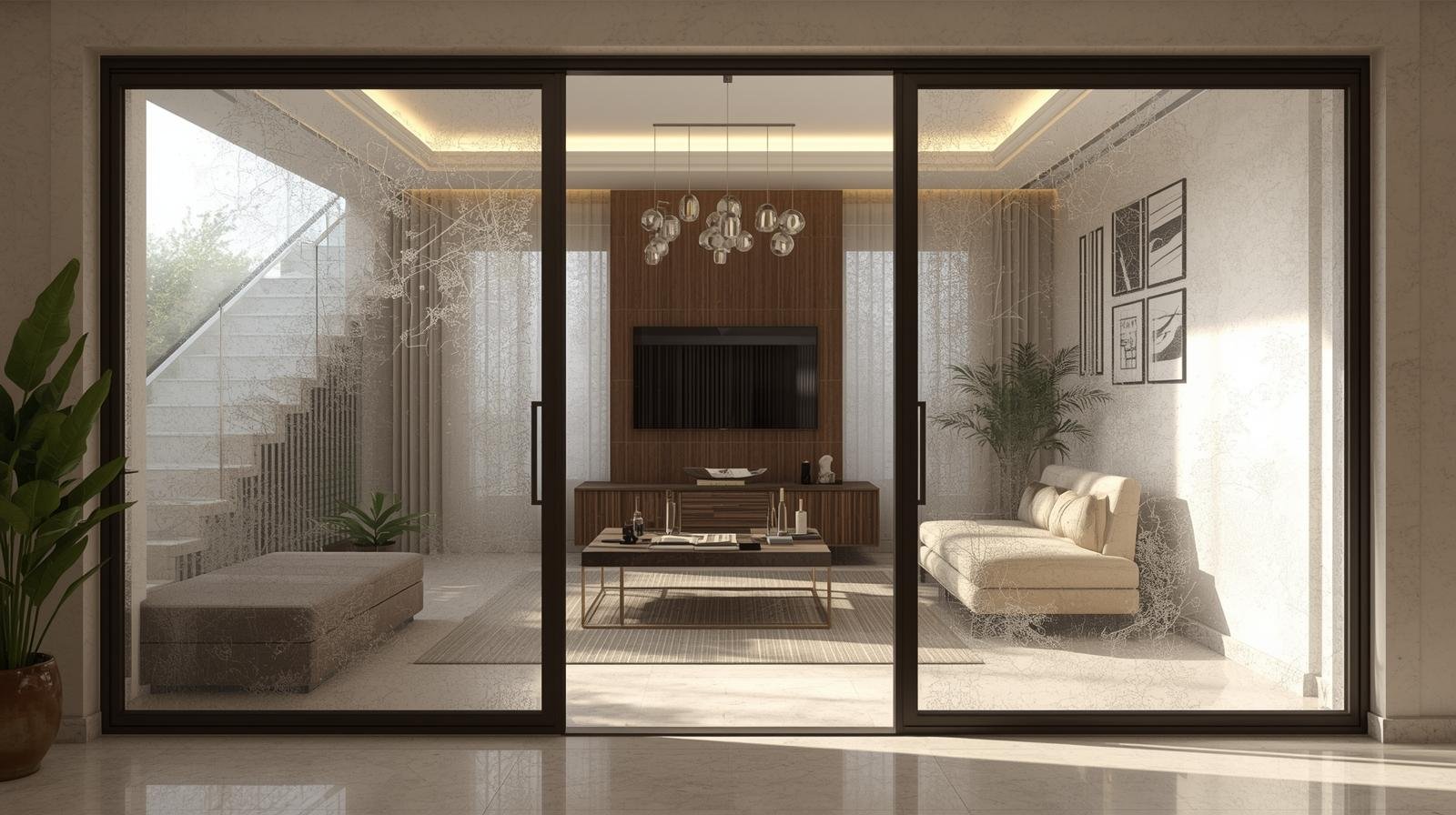 Modern South Indian home interior with decorative window film on glass door or partition