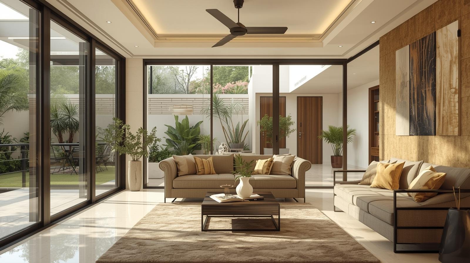 Modern South Indian home interior with large glass windows suitable for UV protection window film