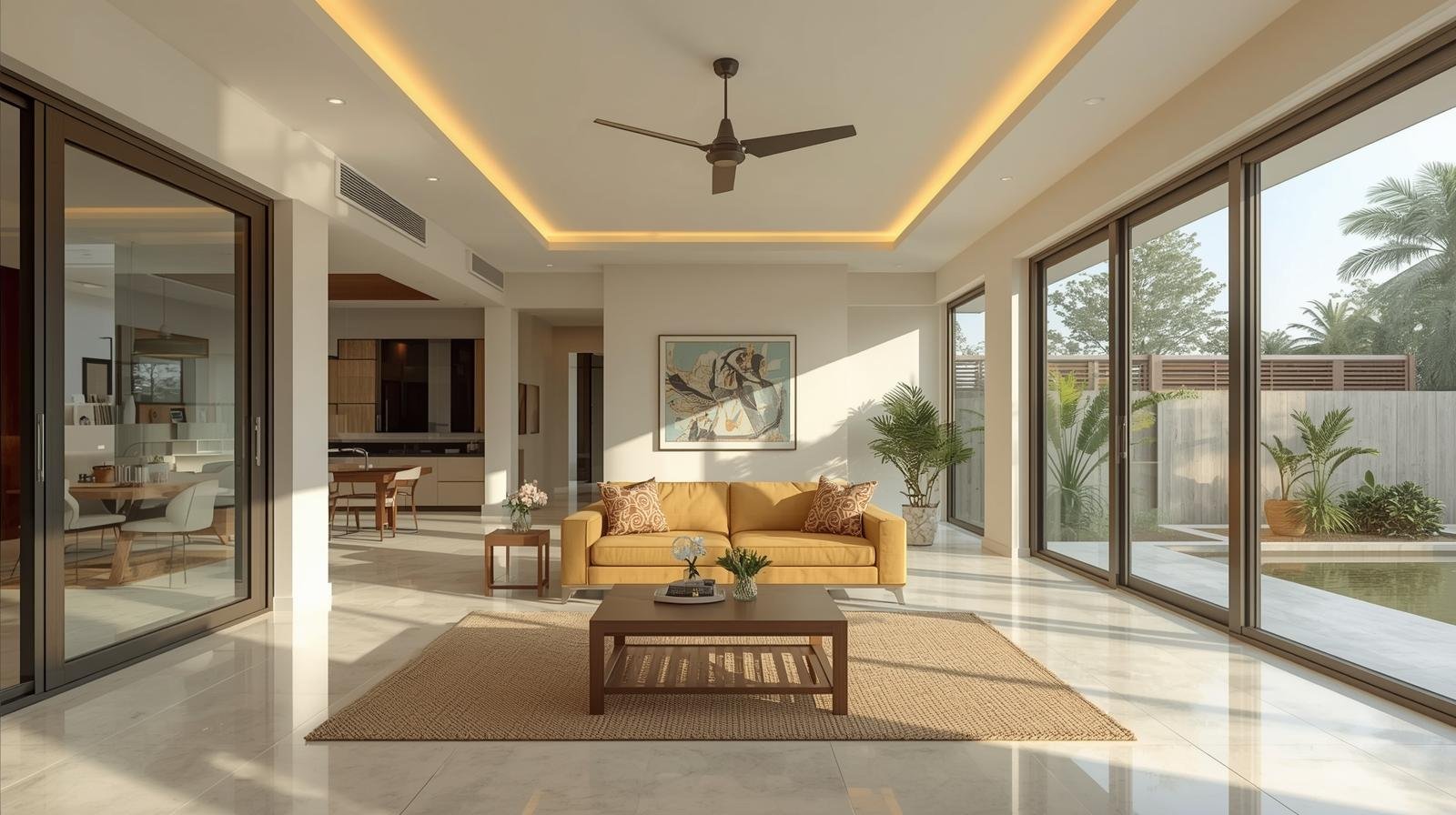 Modern South Indian home interior with large glass windows for heat reduction window films in Chennai and Coimbatore