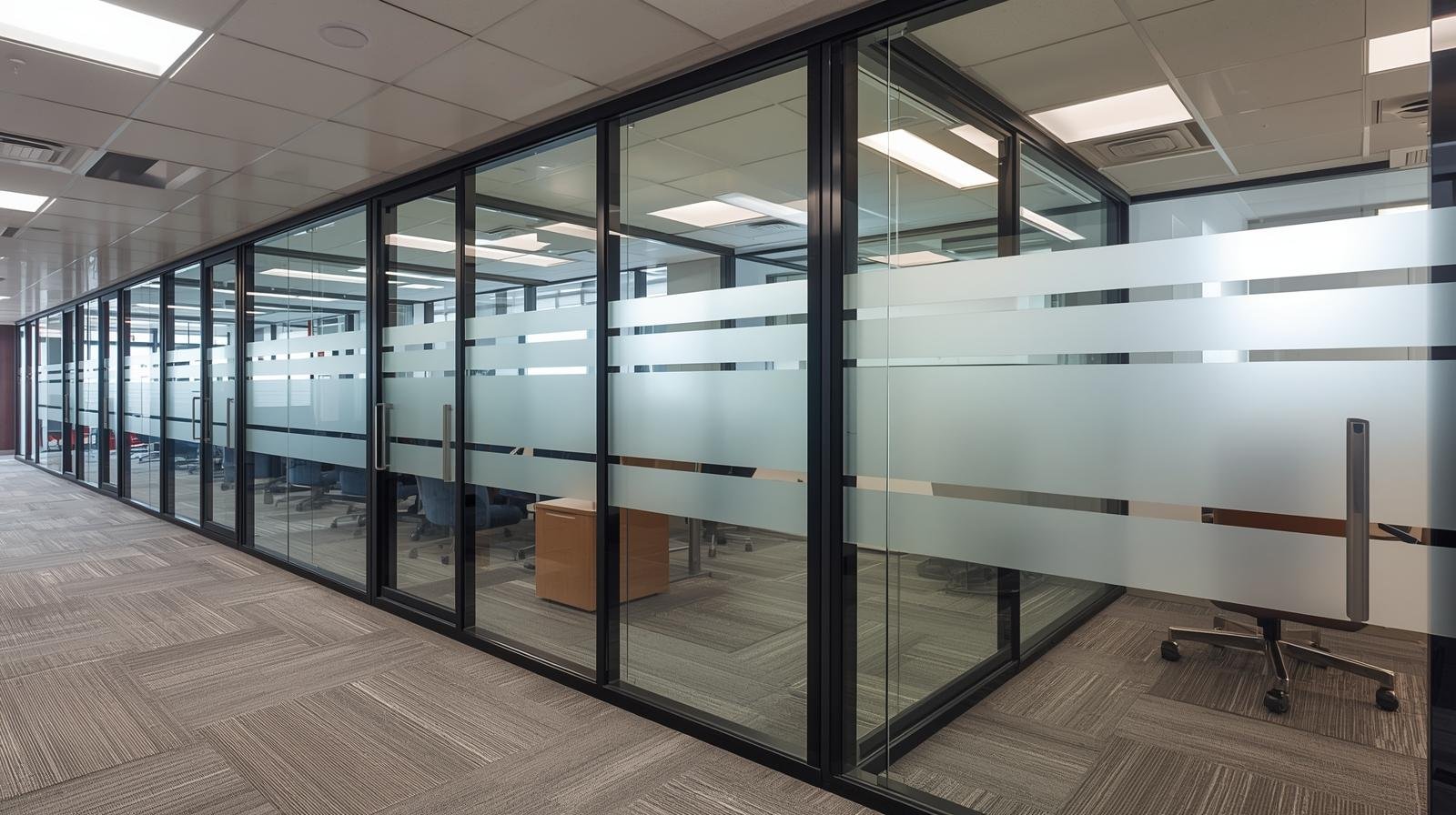 Office cabin glass partitions with frosted stripes window film