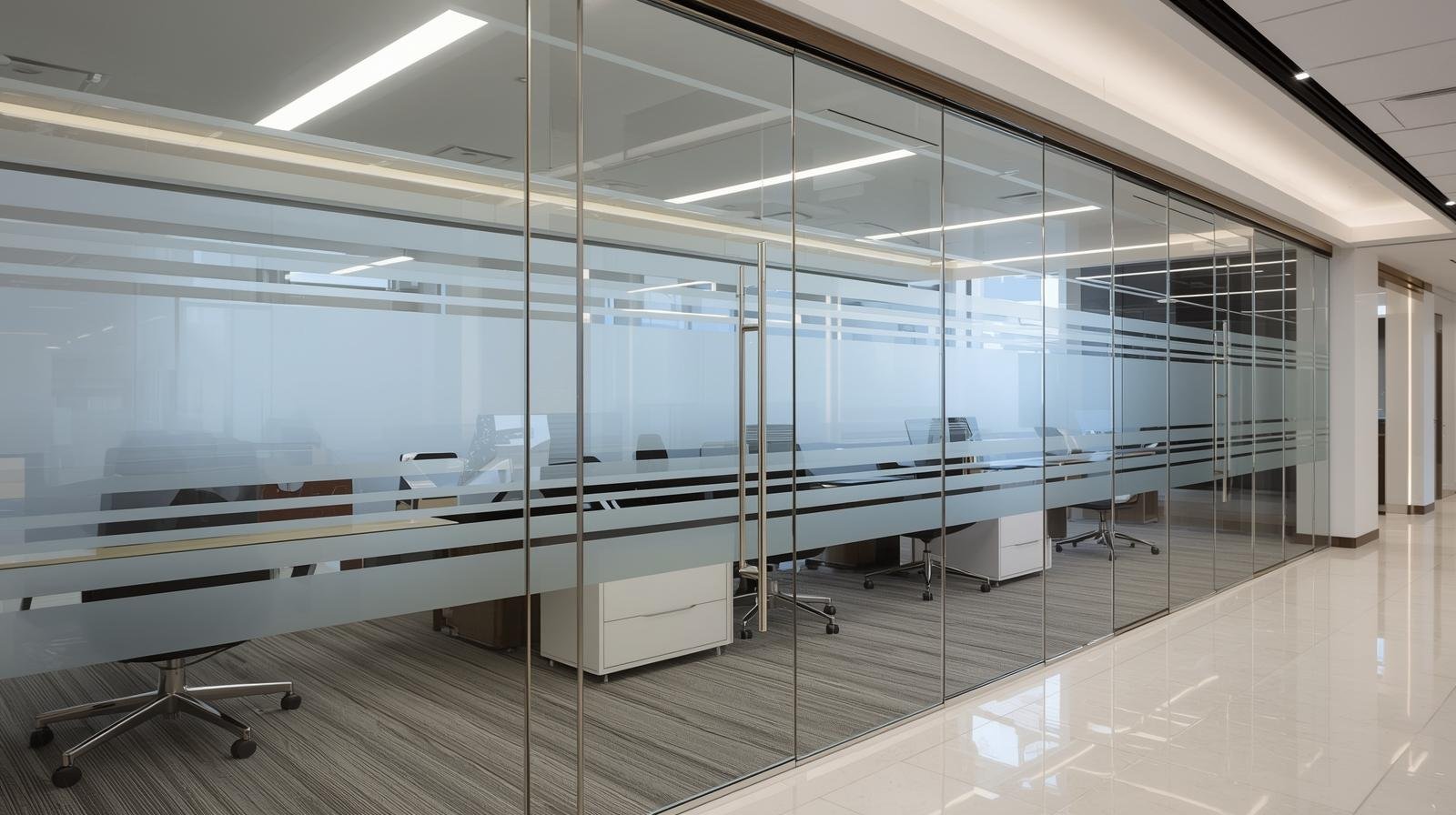 Modern office glass partitions with decorative window film design in Chennai or Coimbatore