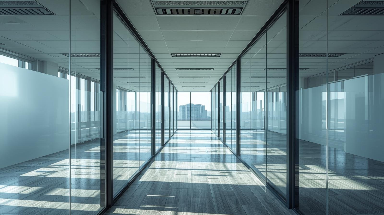 Modern office interior with large glass windows and partitions for heat reduction window film installation in Chennai and Coimbatore