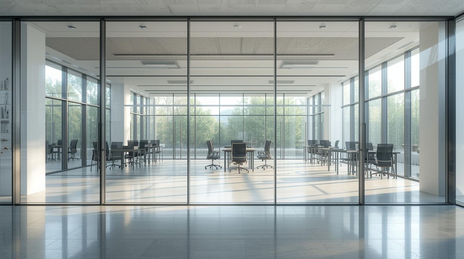 Modern showroom or office in Chennai or Coimbatore with glass suitable for UV protection window film