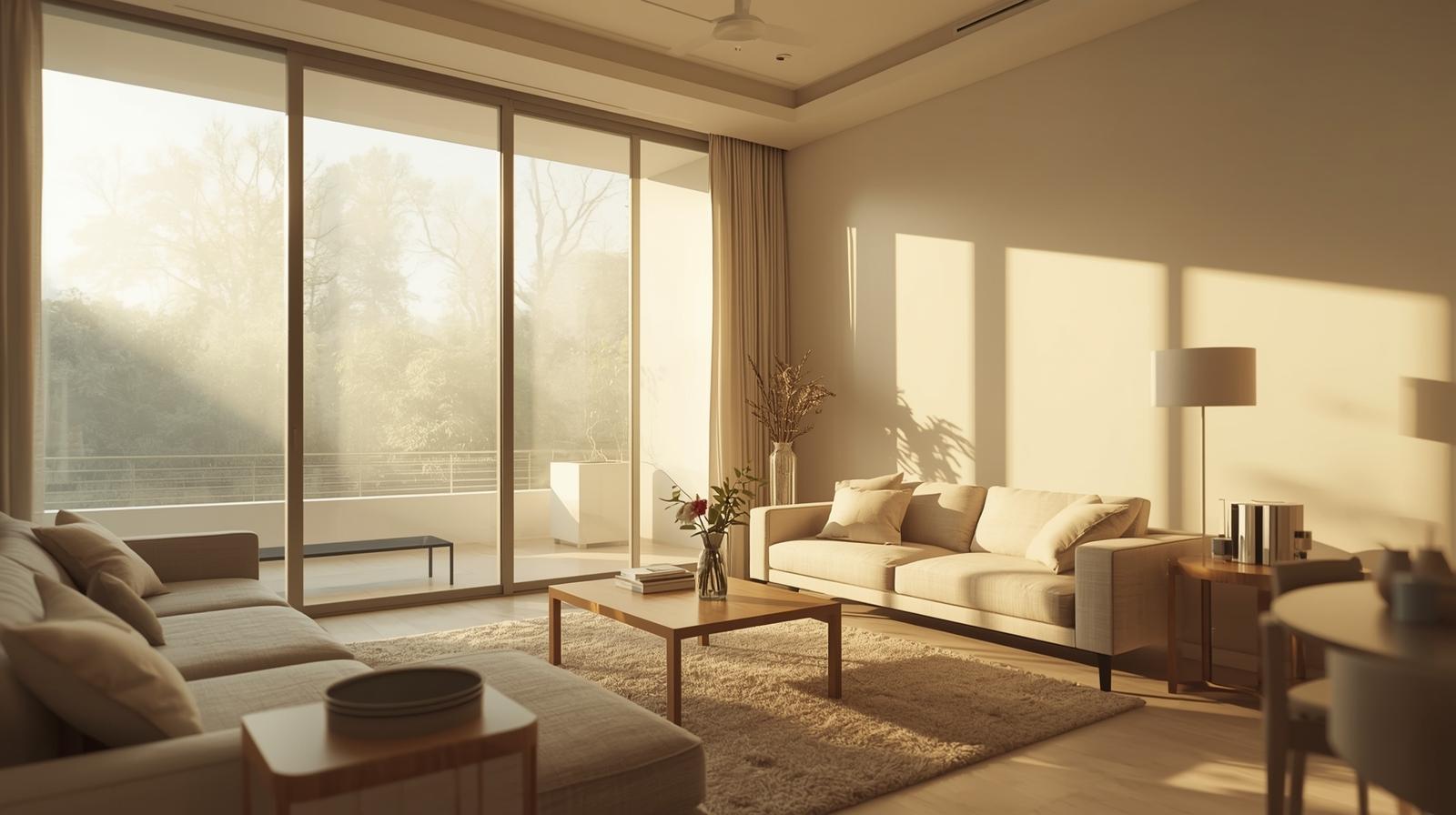 Comfortable residential home interior with window film reducing heat and glare