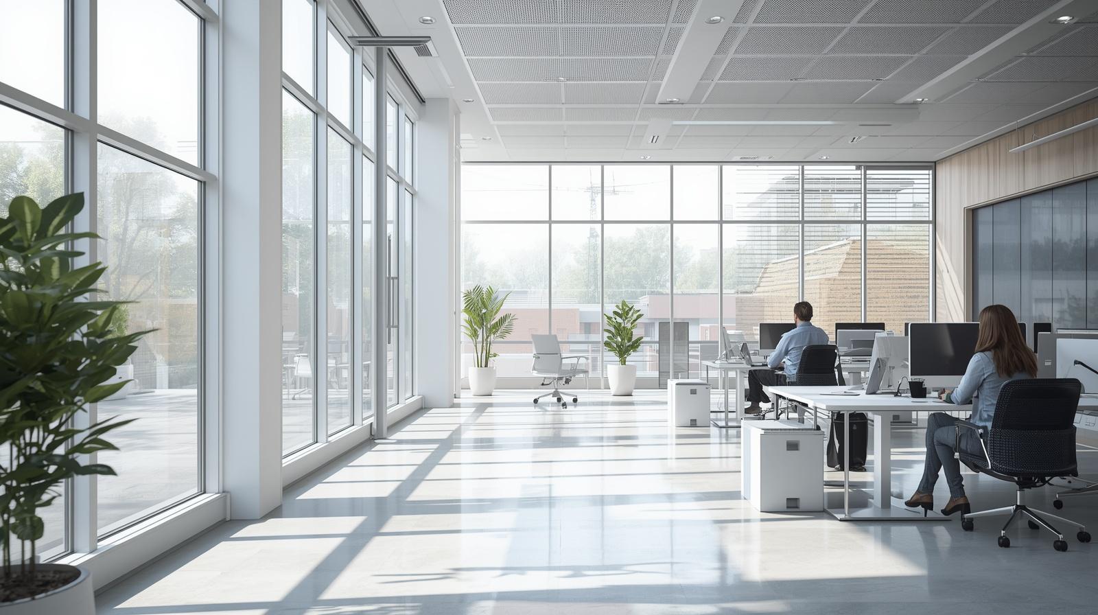Bright office interior with high daylight solar control window film