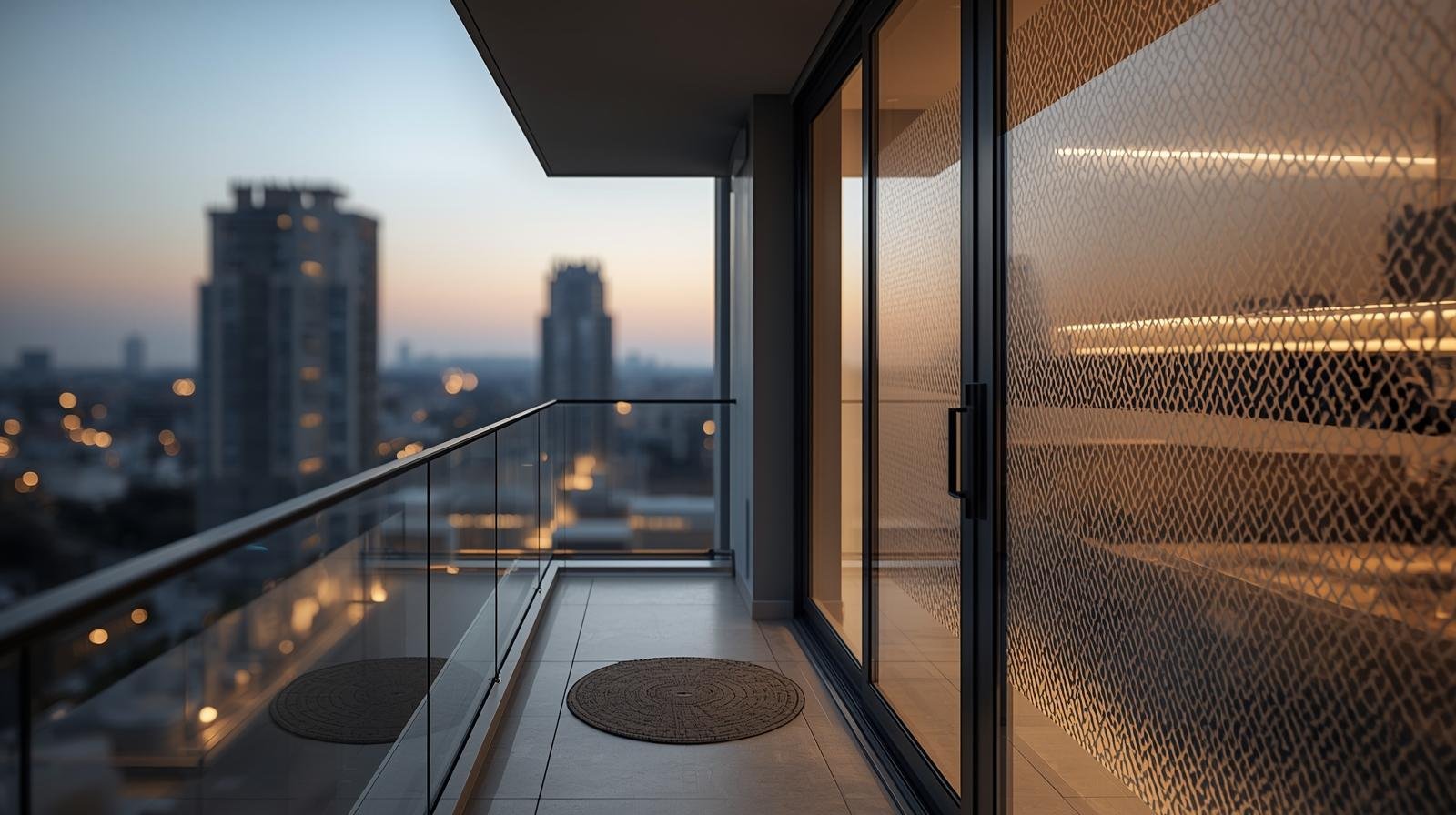 Modern apartment balcony in Hyderabad with privacy window film on glass