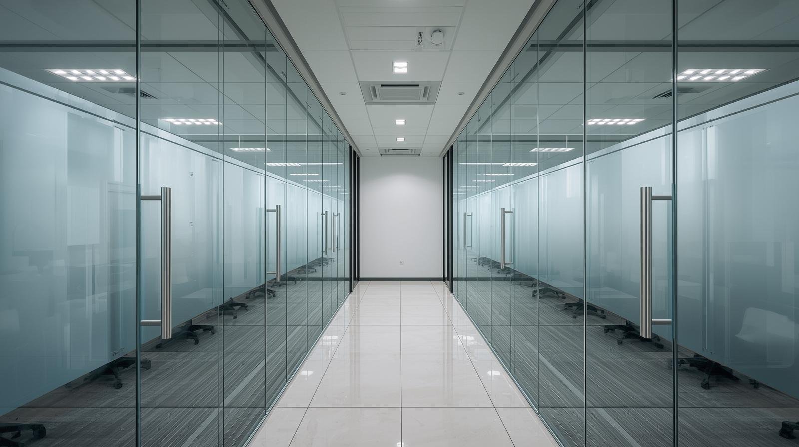 Modern corporate office in Hyderabad with privacy window film installed on glass partitions