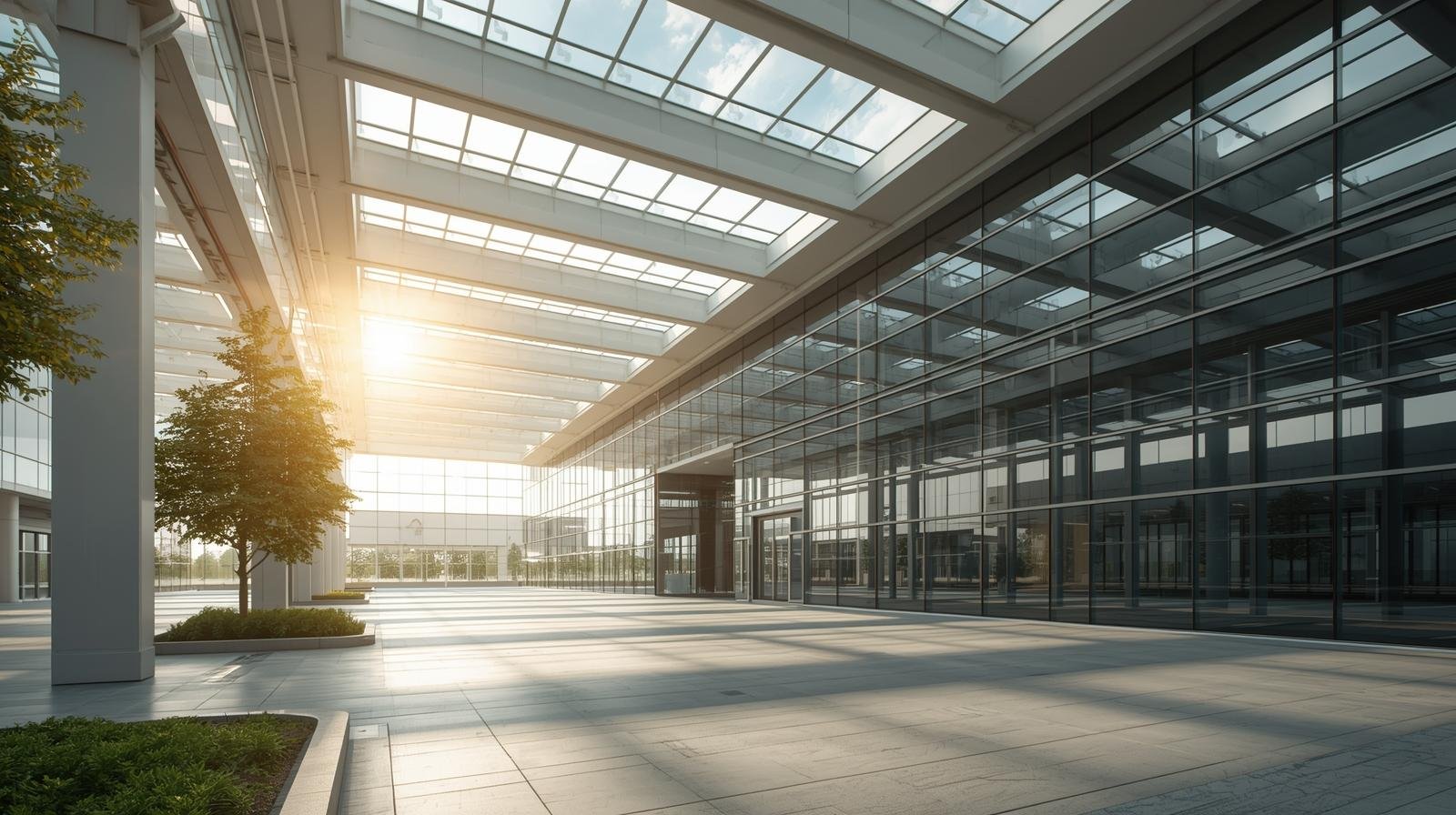 Modern industrial facility in Chennai with large glass façade for industrial glass film installation