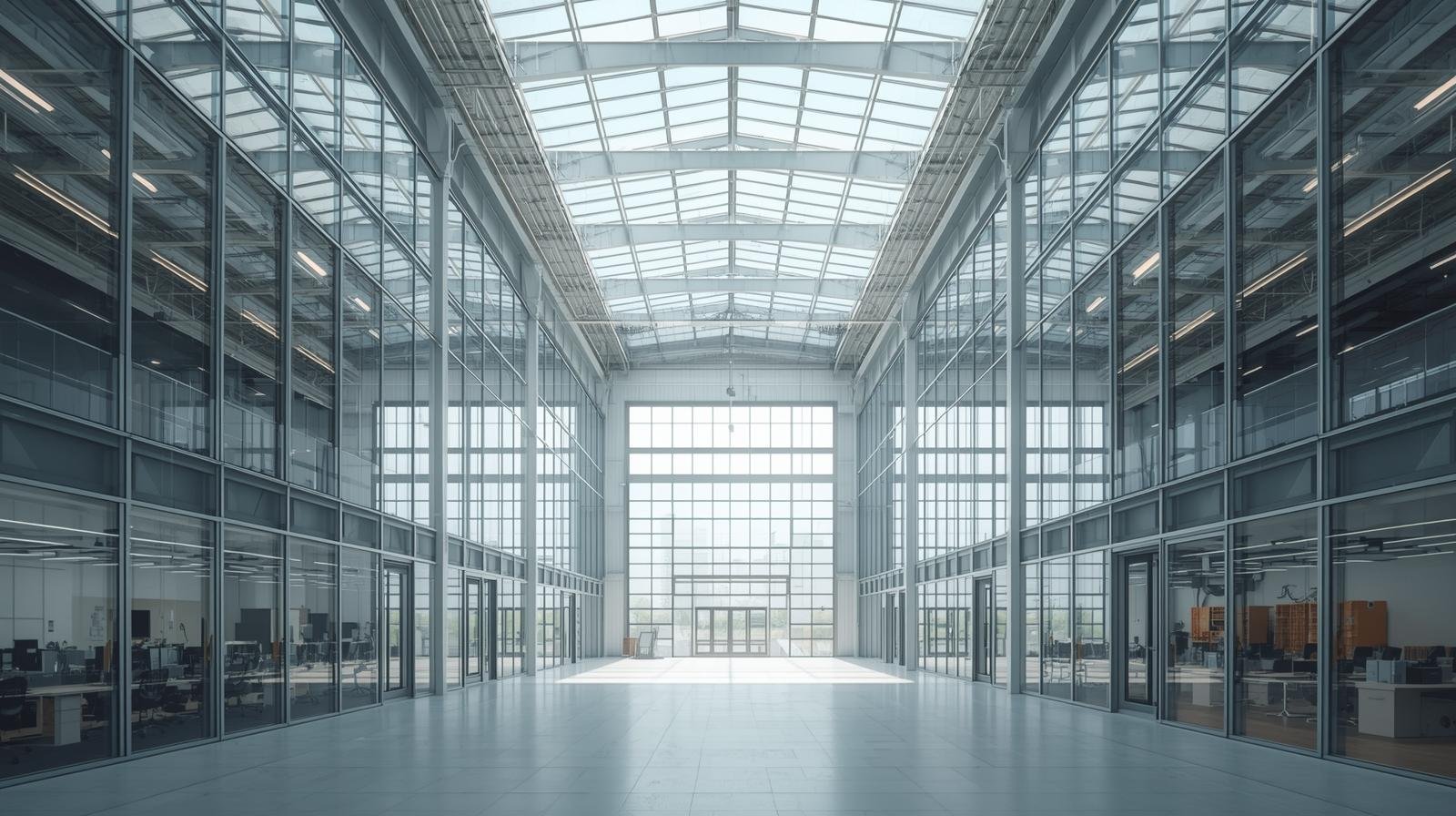Modern warehouse or factory interior in Coimbatore with high-bay glass windows for industrial glass films