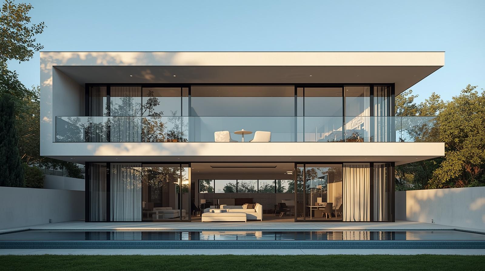 Modern luxury villa exterior with large glass windows