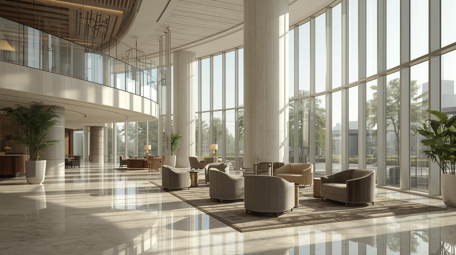Luxury hotel lobby interior in Hyderabad with large glass windows