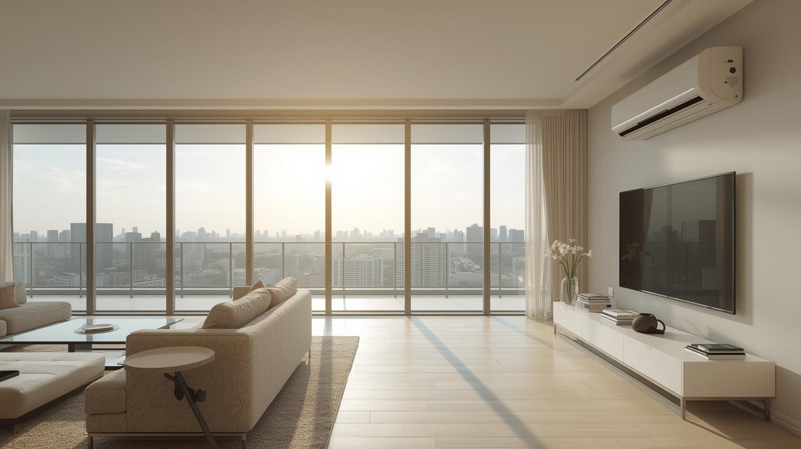 Modern apartment interior in Bangalore with large glass windows and air conditioner
