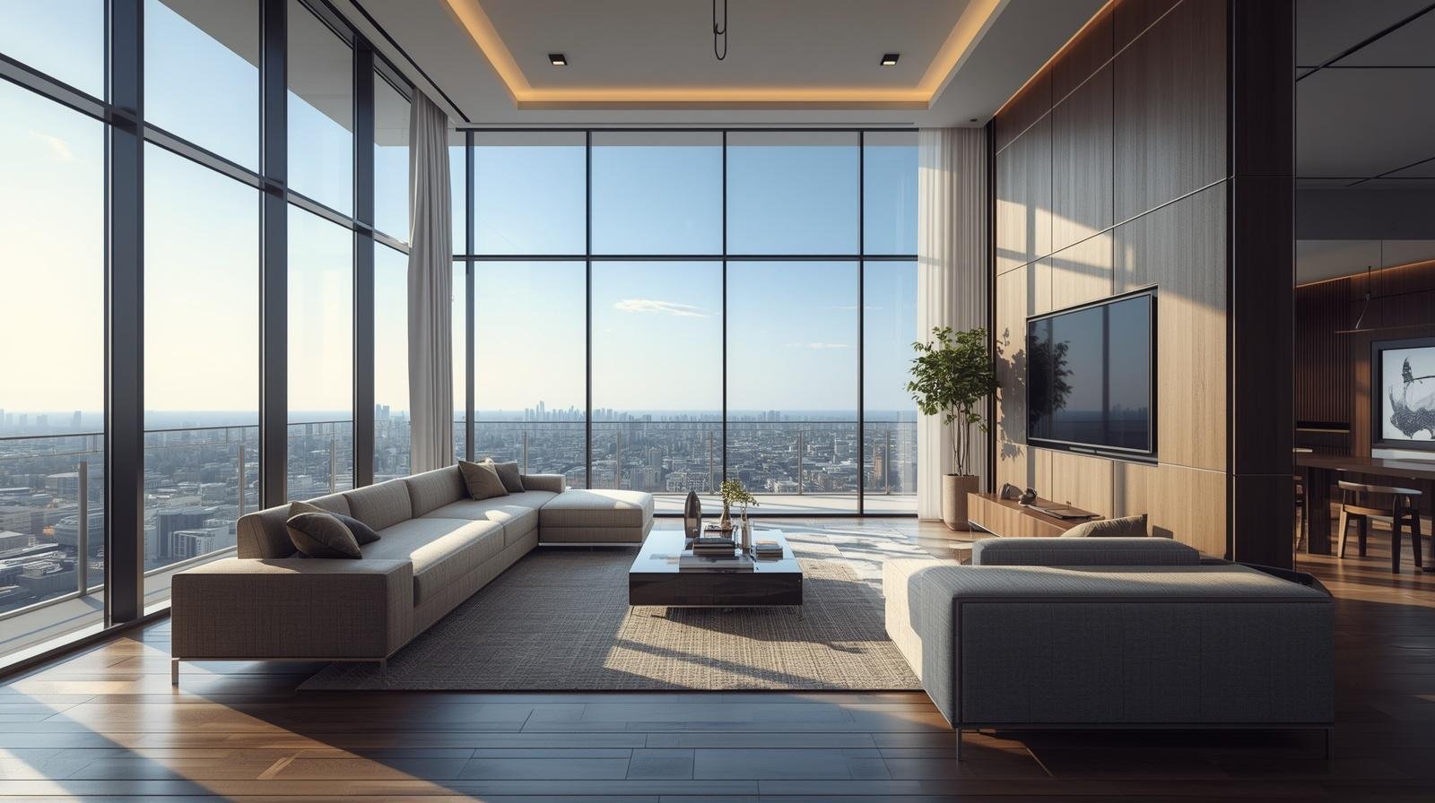 Modern apartment interior in Bangalore with large glass windows