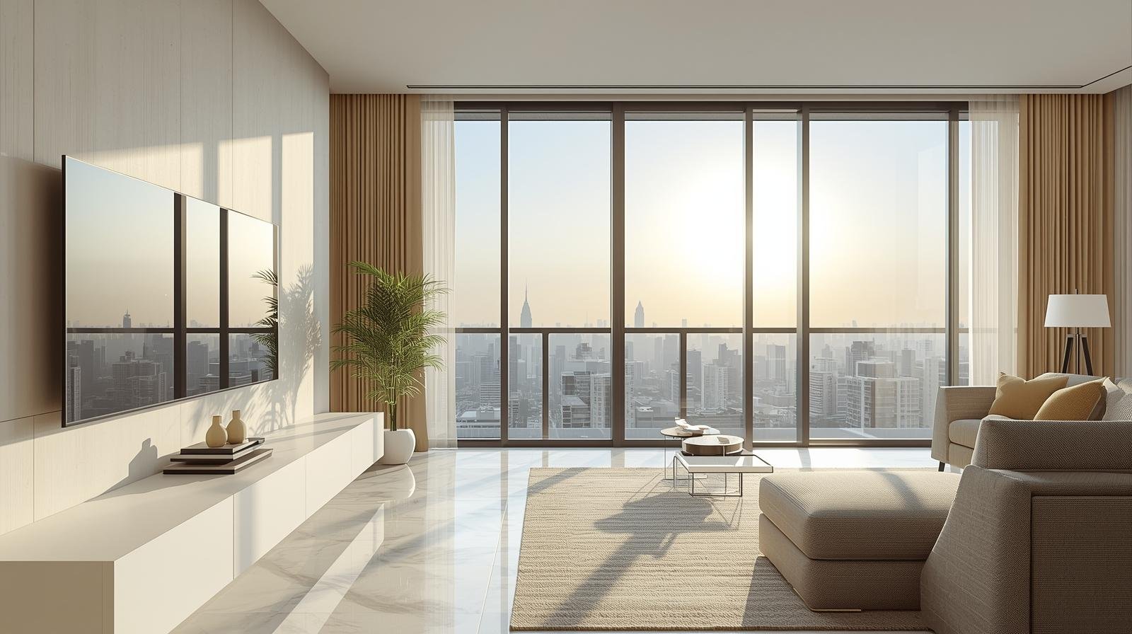 Modern apartment interior in Chennai with large glass windows