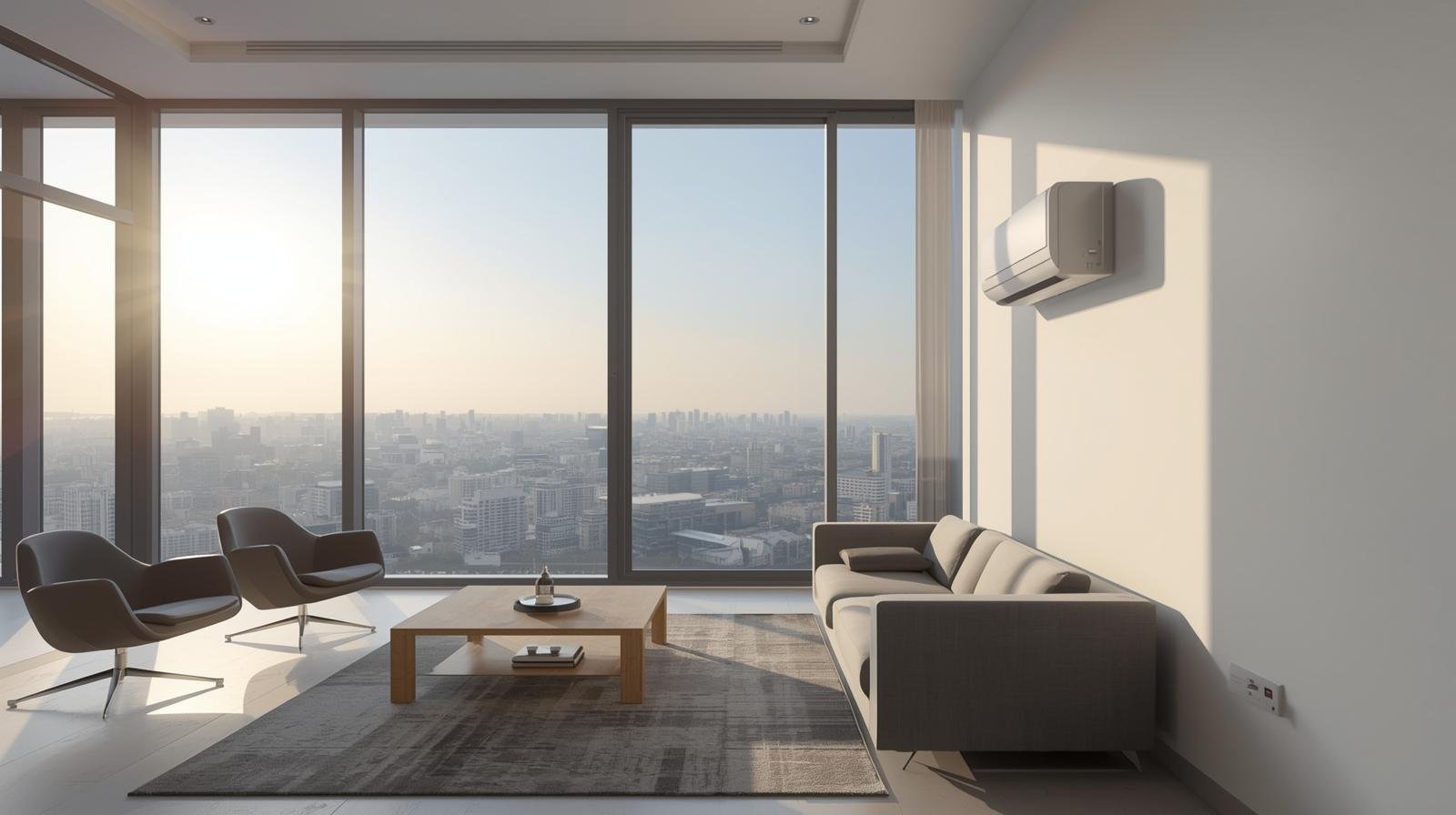 Modern apartment interior in Hyderabad with large glass windows
