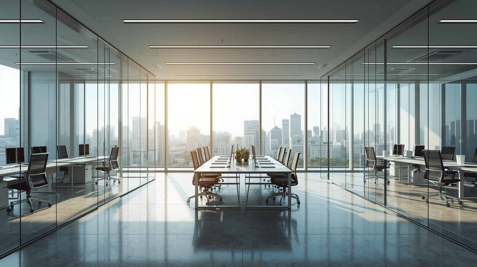 Modern corporate office interior in Bangalore with large glass facade windows