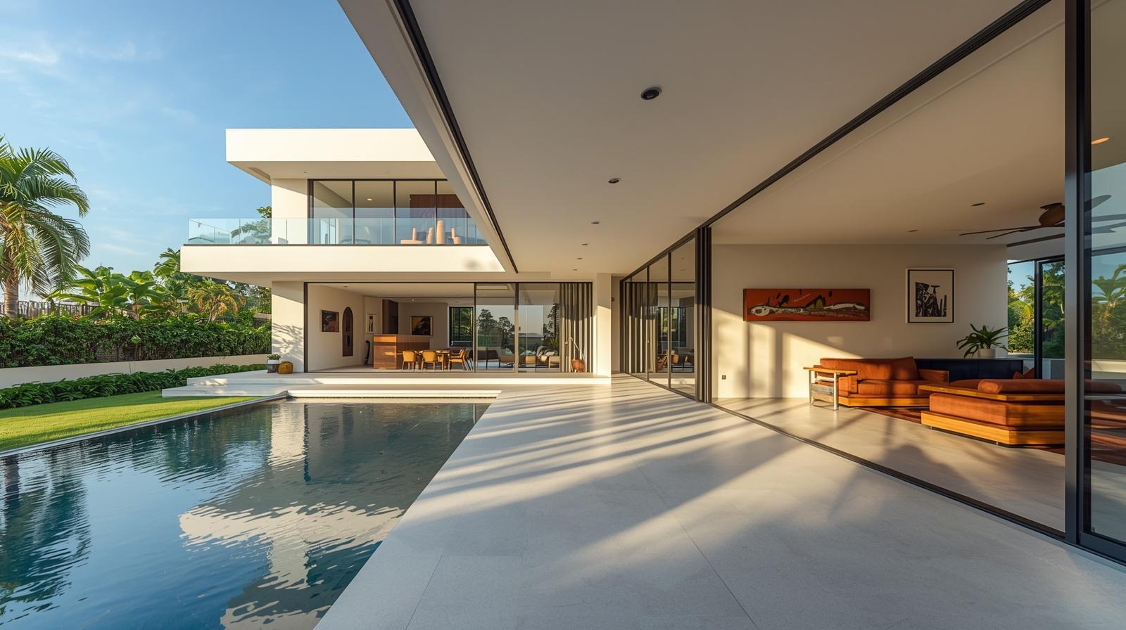 Modern independent south-facing house in Chennai with large glass windows