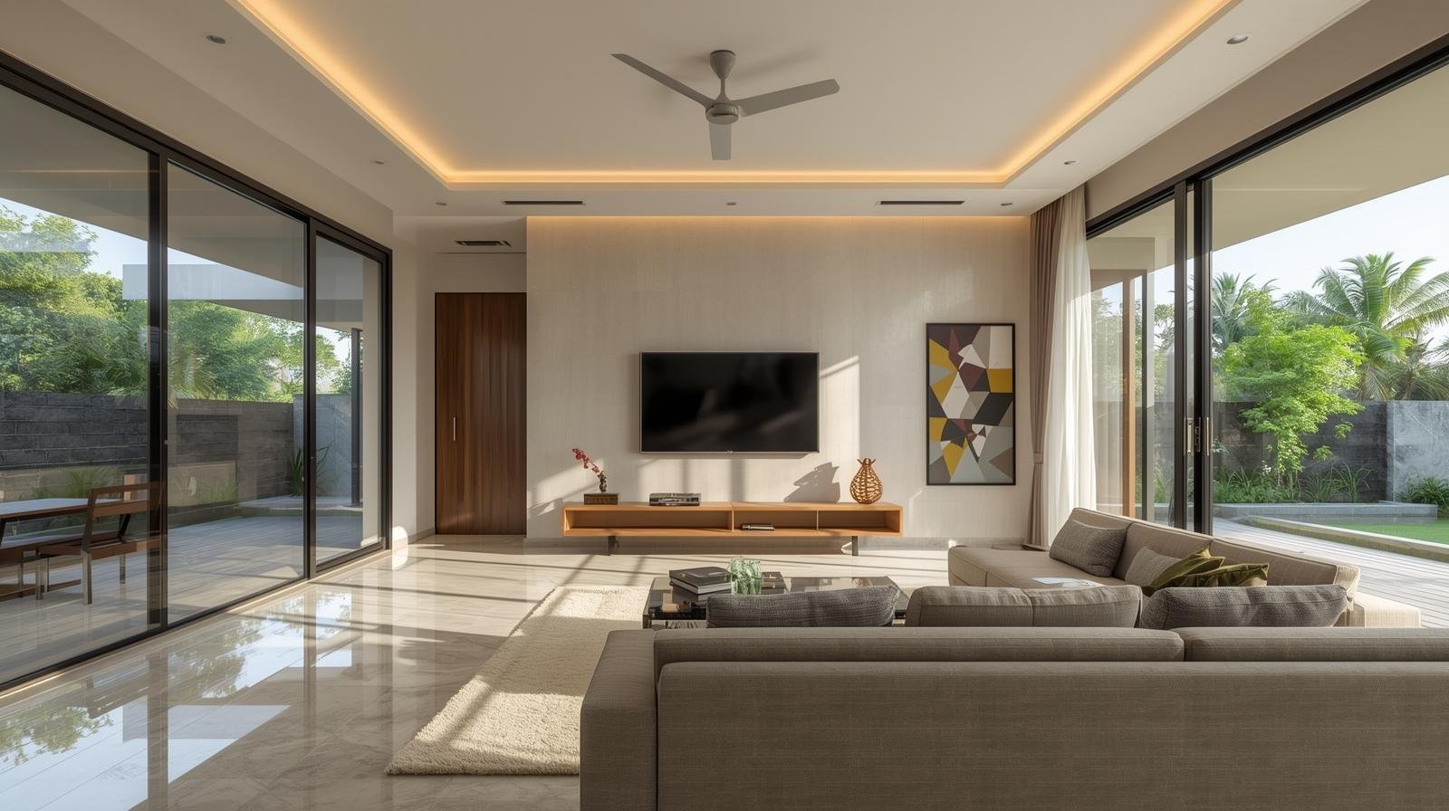 Stop Window Glare in Coimbatore - modern villa interior with large glass windows