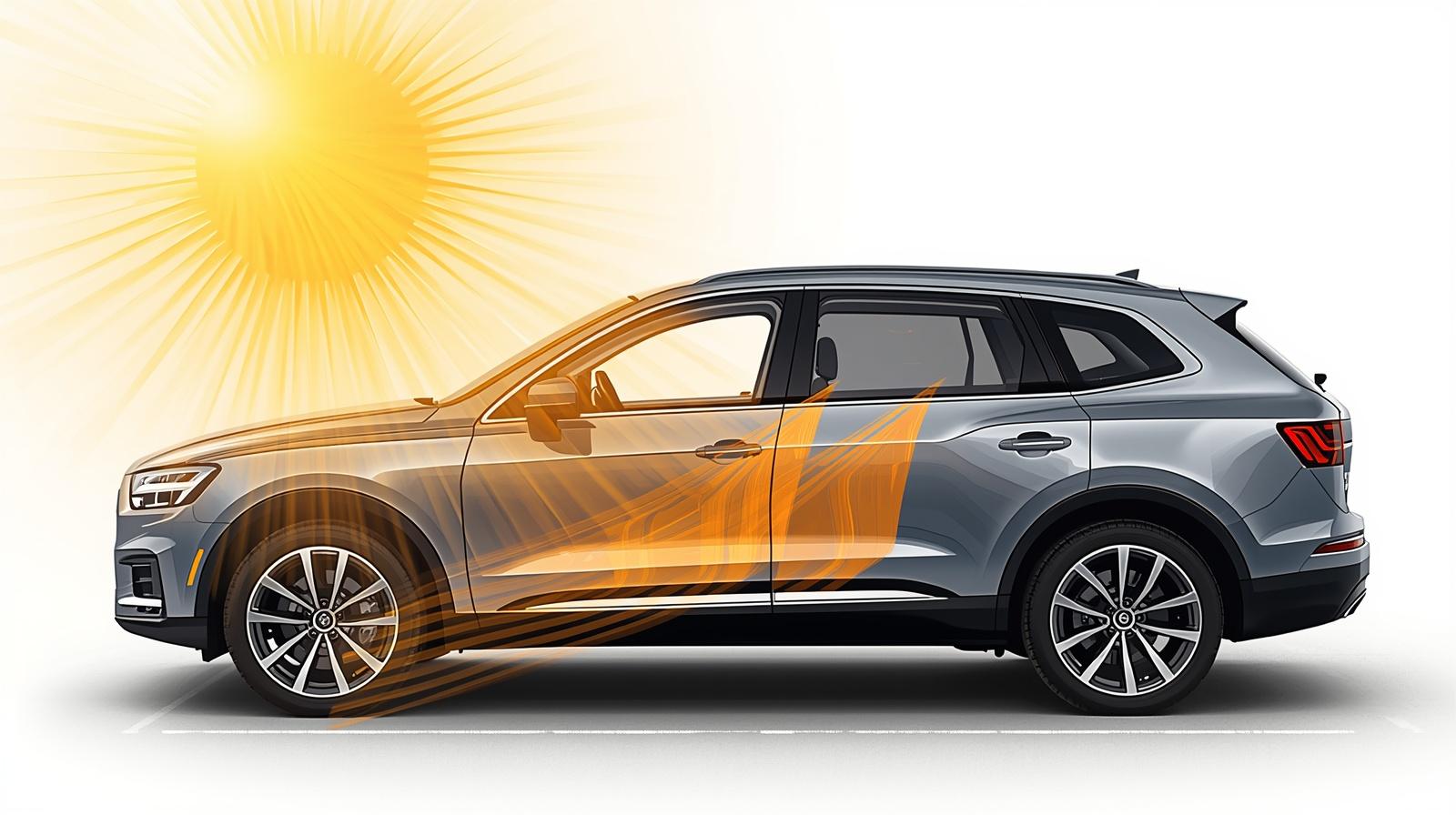 Car exposed to strong sunlight outside with cool comfortable interior after sunfilm installation