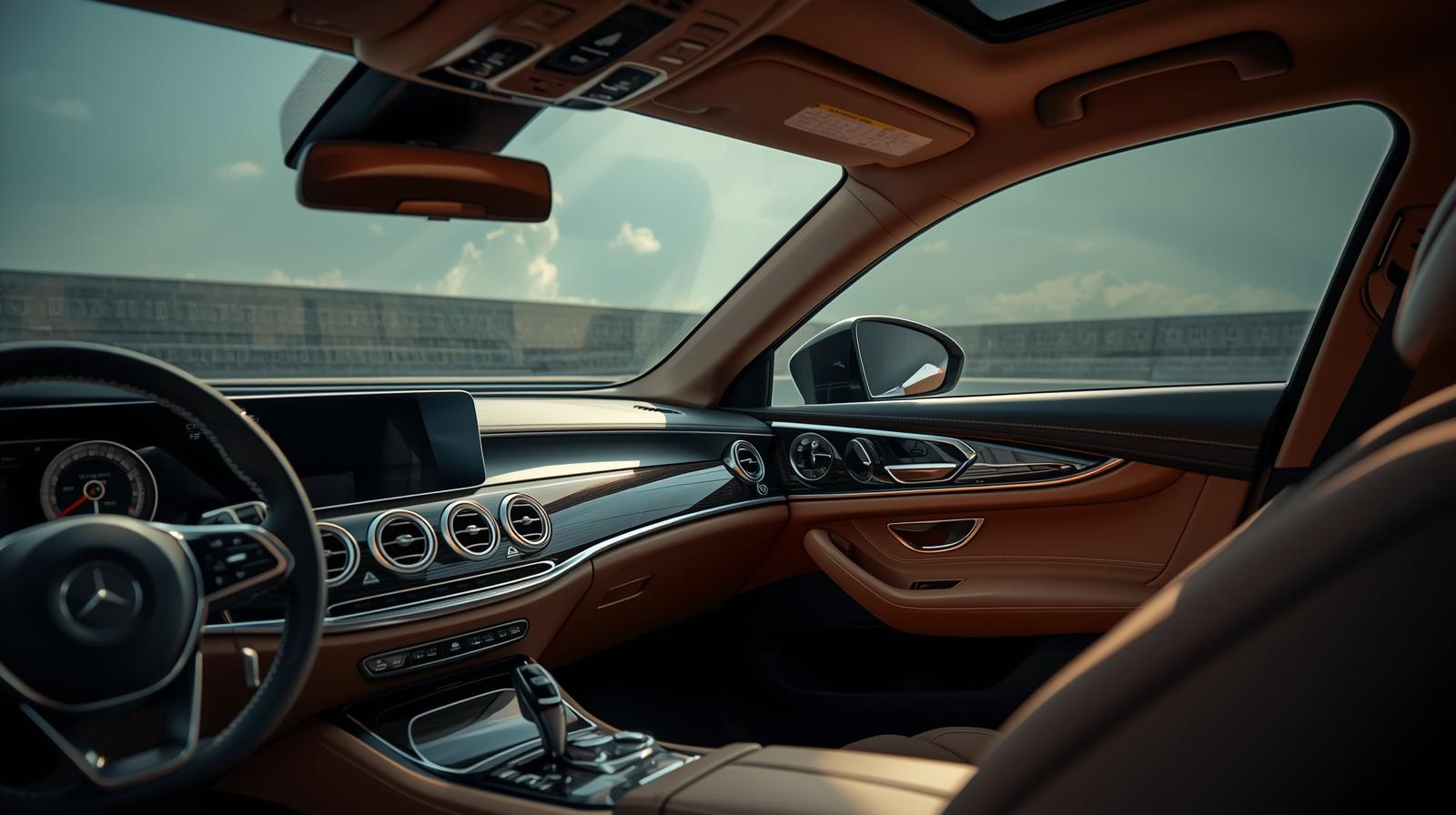 Luxury car interior dashboard and leather seats protected from sunlight by premium sunfilm