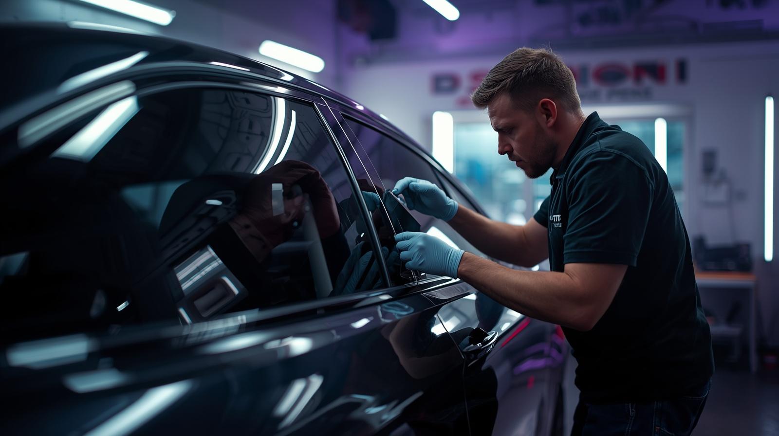 Professional automotive window tint installation technician applying car sunfilm
